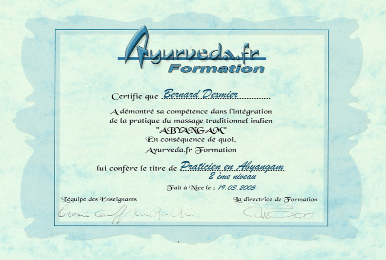 Formation Ayurvéda Praticien Abyangam 2e niveau 2005