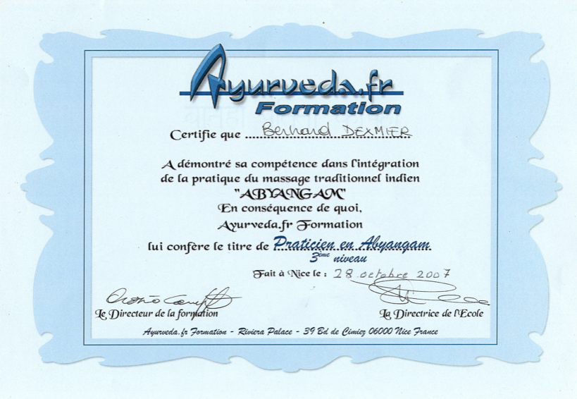 Formation Ayurvéda Praticien Abyangam 3e niveau 2007